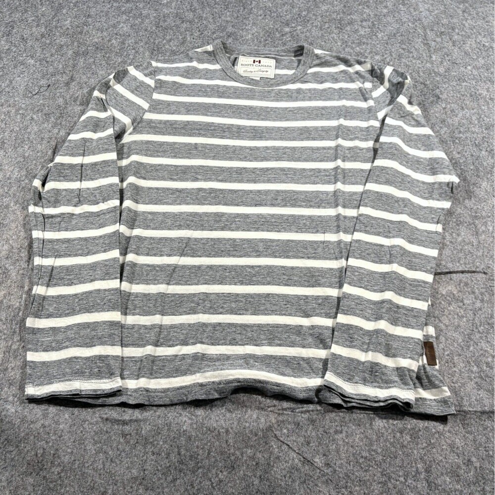 Roots Canada Men’s Gray White Striped Long Sleeve Crew T-Shirt Sweatshirt Sz M